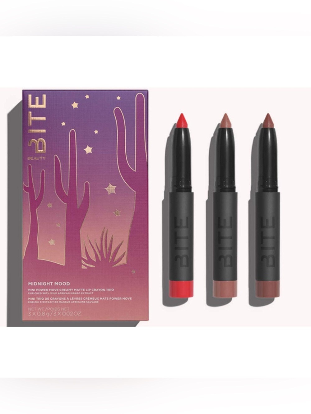 NIB Bite Beauty Midnight Mood Mini Power Move Creamy Matte Lip Crayon Trio